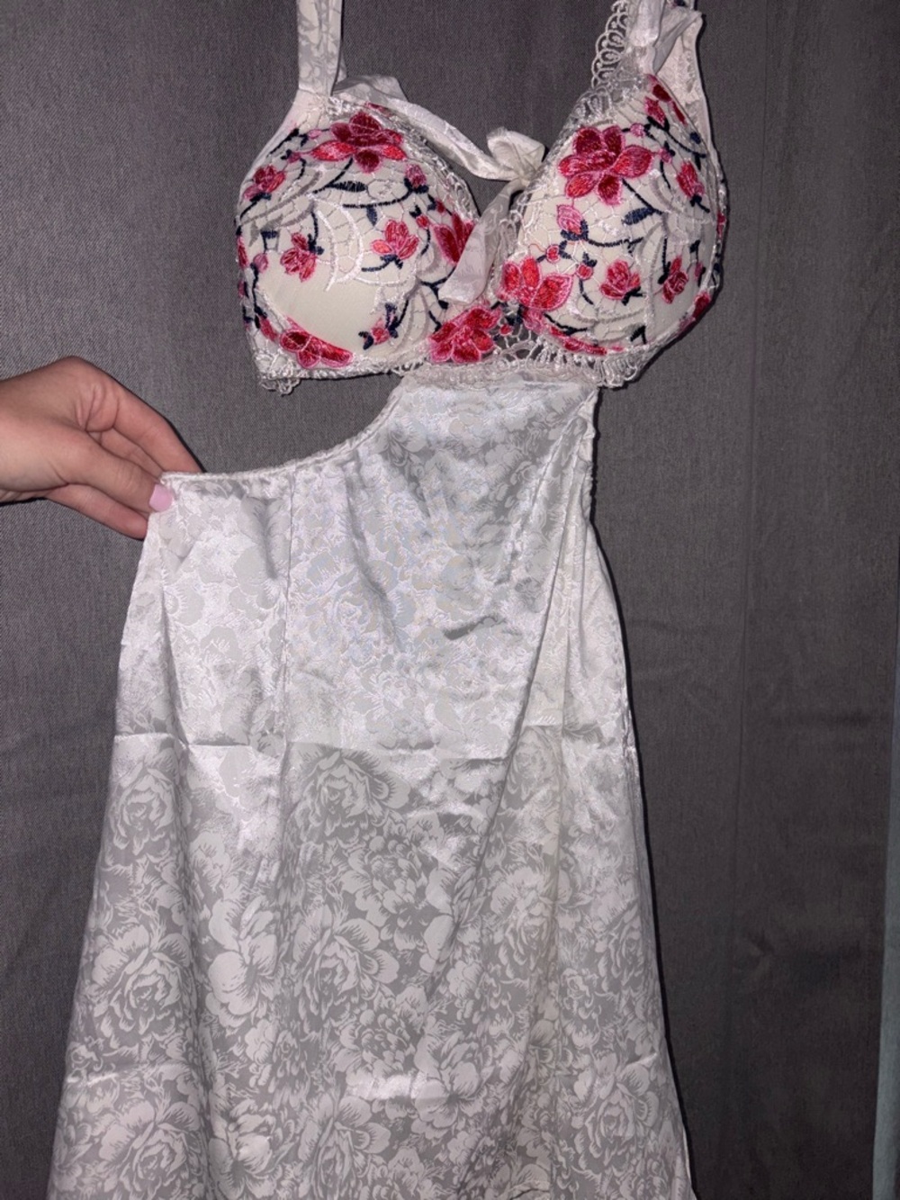 Women's White Satin Slip with Floral Embroidered Bra Set